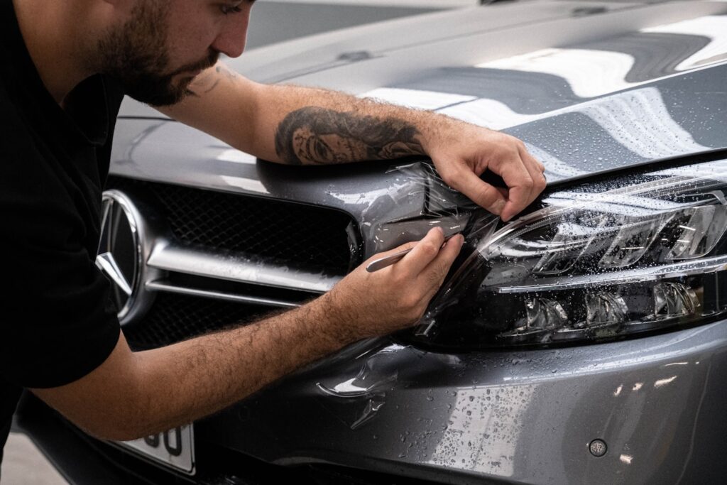 Präzise Applikation einer transparenten Lackschutzfolie (PPF) auf der Motorhaube eines Mercedes-Benz zur Vermeidung von Steinschlägen bei Autoaufbereitung Harms.
