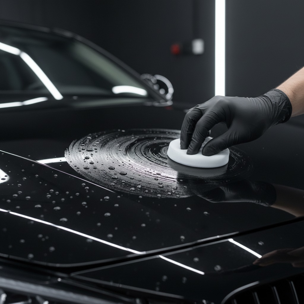 Manueller Auftrag einer schützenden Lackversiegelung auf tiefschwarzem Klarlack zur Erzielung maximaler Hydrophobität bei Autoaufbereitung Harms in Reinfeld.